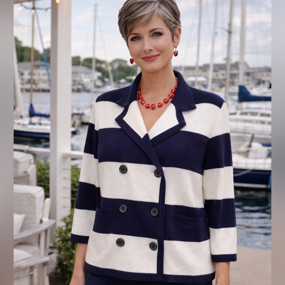 Lands' End Navy & White Soft Supima Cotton Cardigan Petite Medium